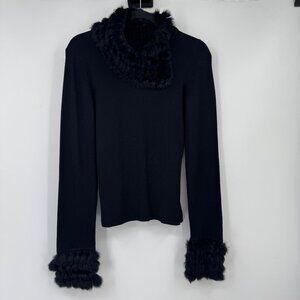 Yuka Black Cowl Neck Sweater Rabbit Fur Trim at Collar Wrist woman’s size Medium